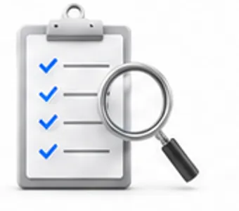 Checklist com lupa representando avaliação do equipamento