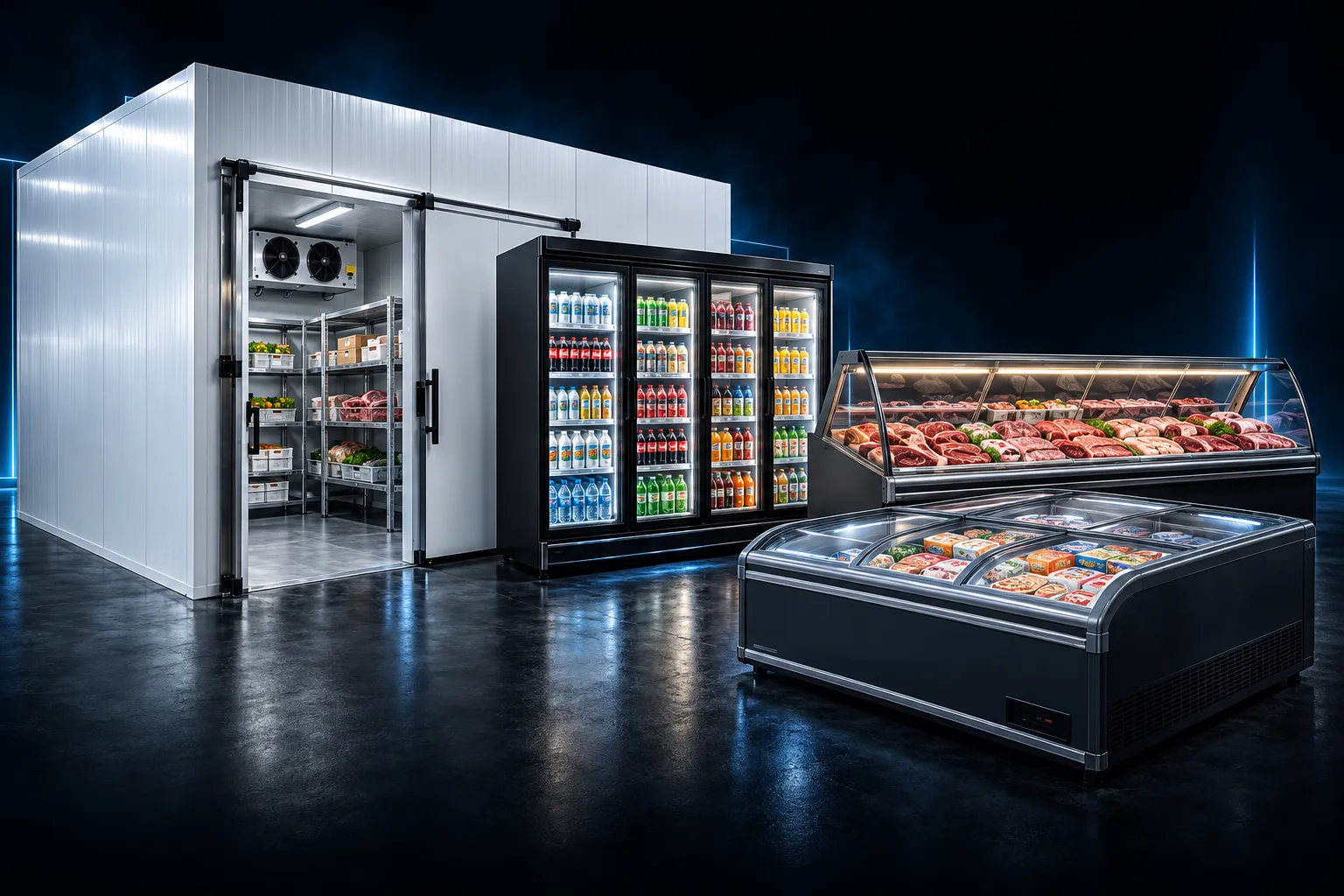 Câmara fria, expositor vertical de bebidas, balcão refrigerado e ilha refrigerada em ambiente comercial.